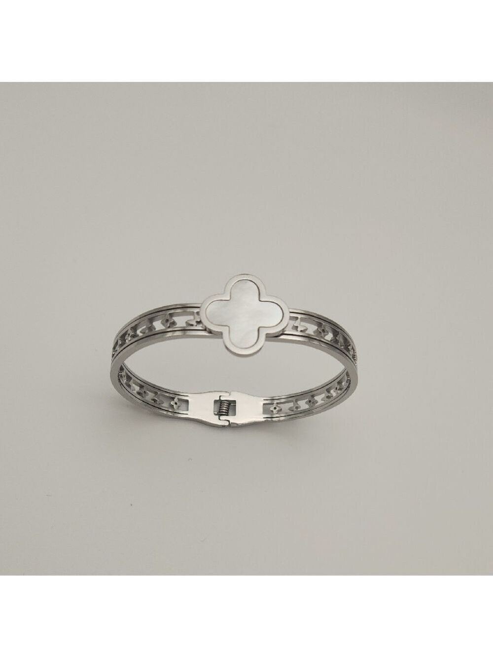 Silver Tone Clover Bracelet | Pearl White Inlay | Minimalist Statement Jewelry